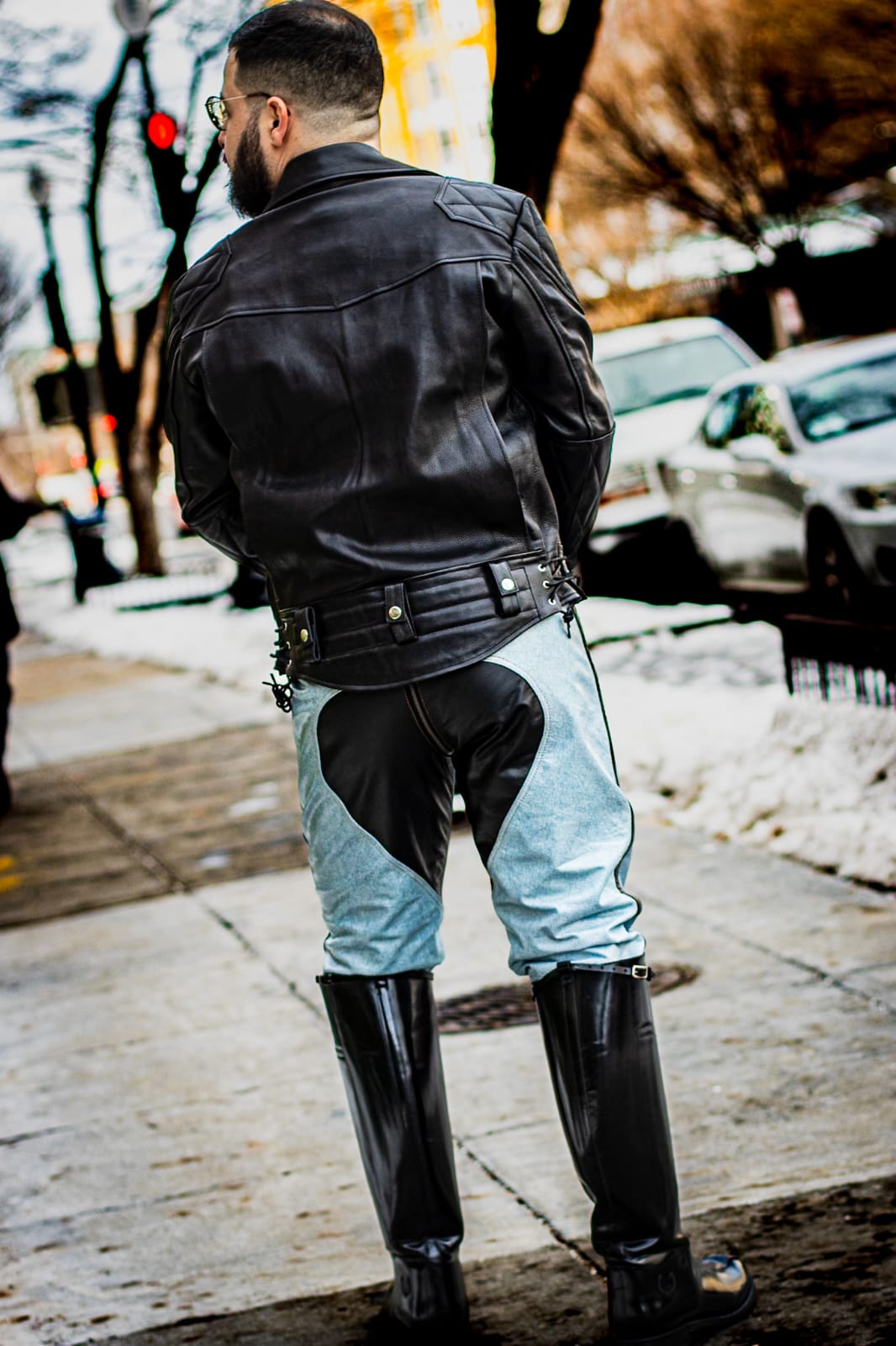 Denim Print Leather Pants