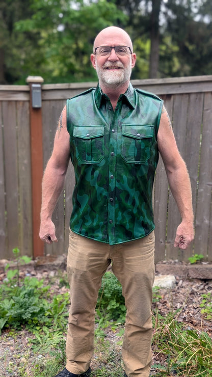 Sleeveless Camo Leather Shirt
