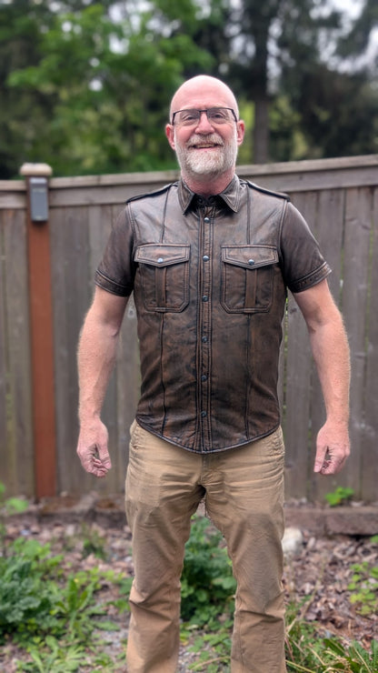 Short Sleeve Distressed Leather Shirt