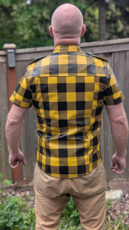 Short Sleeve Plaid Leather Shirt