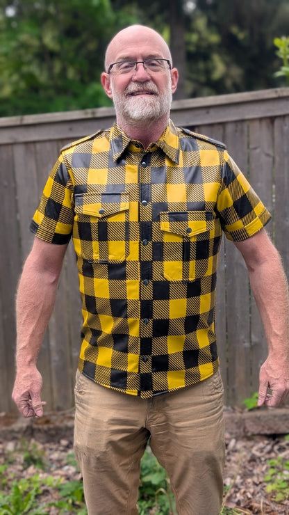 Short Sleeve Plaid Leather Shirt