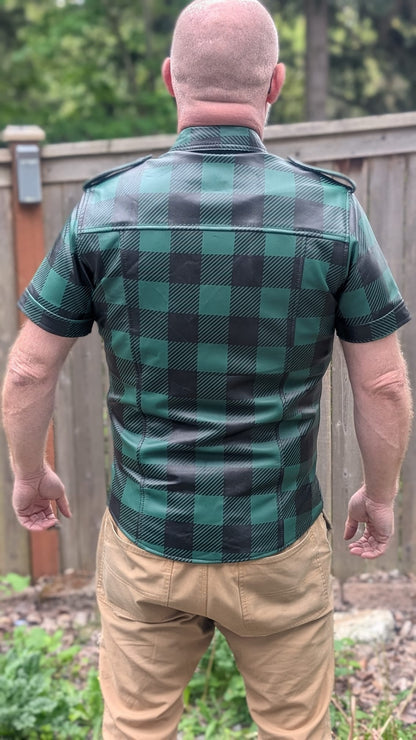 Short Sleeve Plaid Leather Shirt