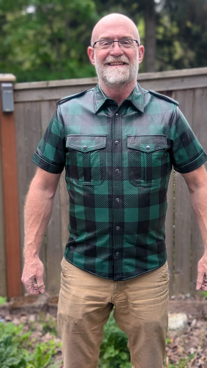 Short Sleeve Plaid Leather Shirt