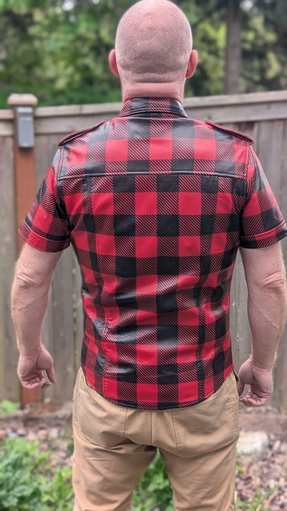 Short Sleeve Plaid Leather Shirt