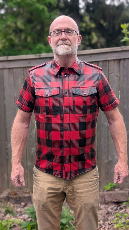Short Sleeve Plaid Leather Shirt