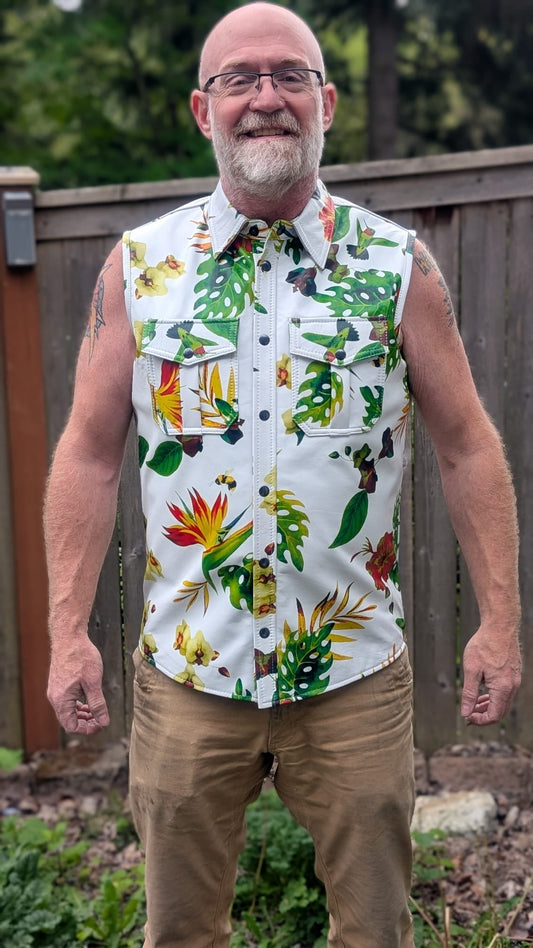 Sleeveless Tropical Print Leather Shirt