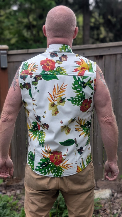 Sleeveless Tropical Print Leather Shirt