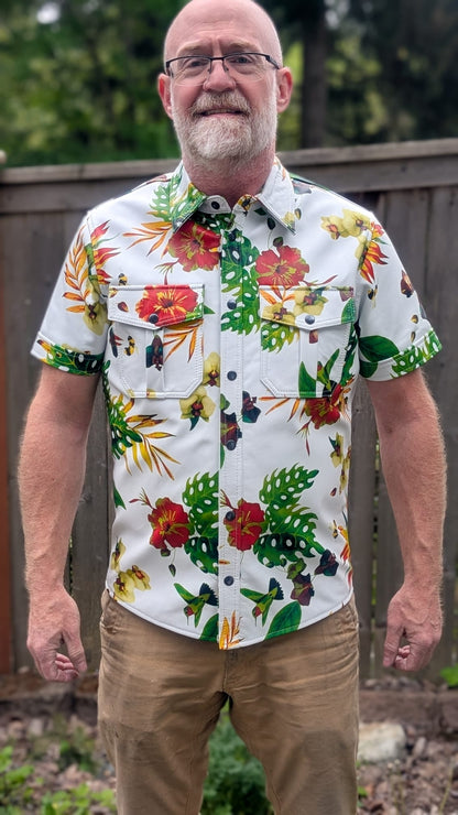 Short Sleeve Tropical Print Leather Shirt