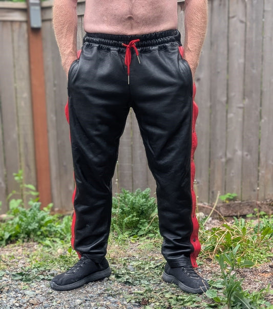 Black Leather Track Pants w/ Side-buttons & Red Lining
