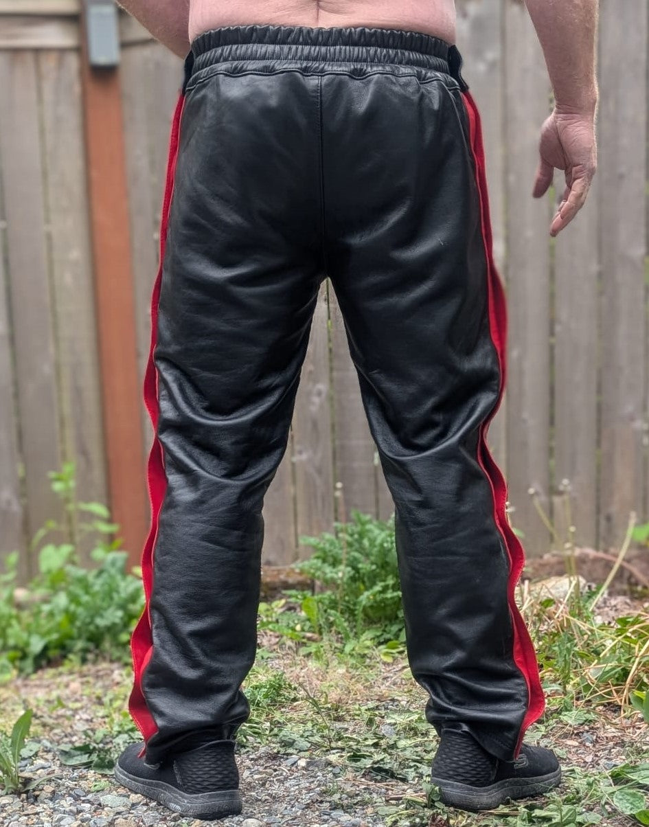 Black Leather Track Pants w/ Side-buttons & Red Lining