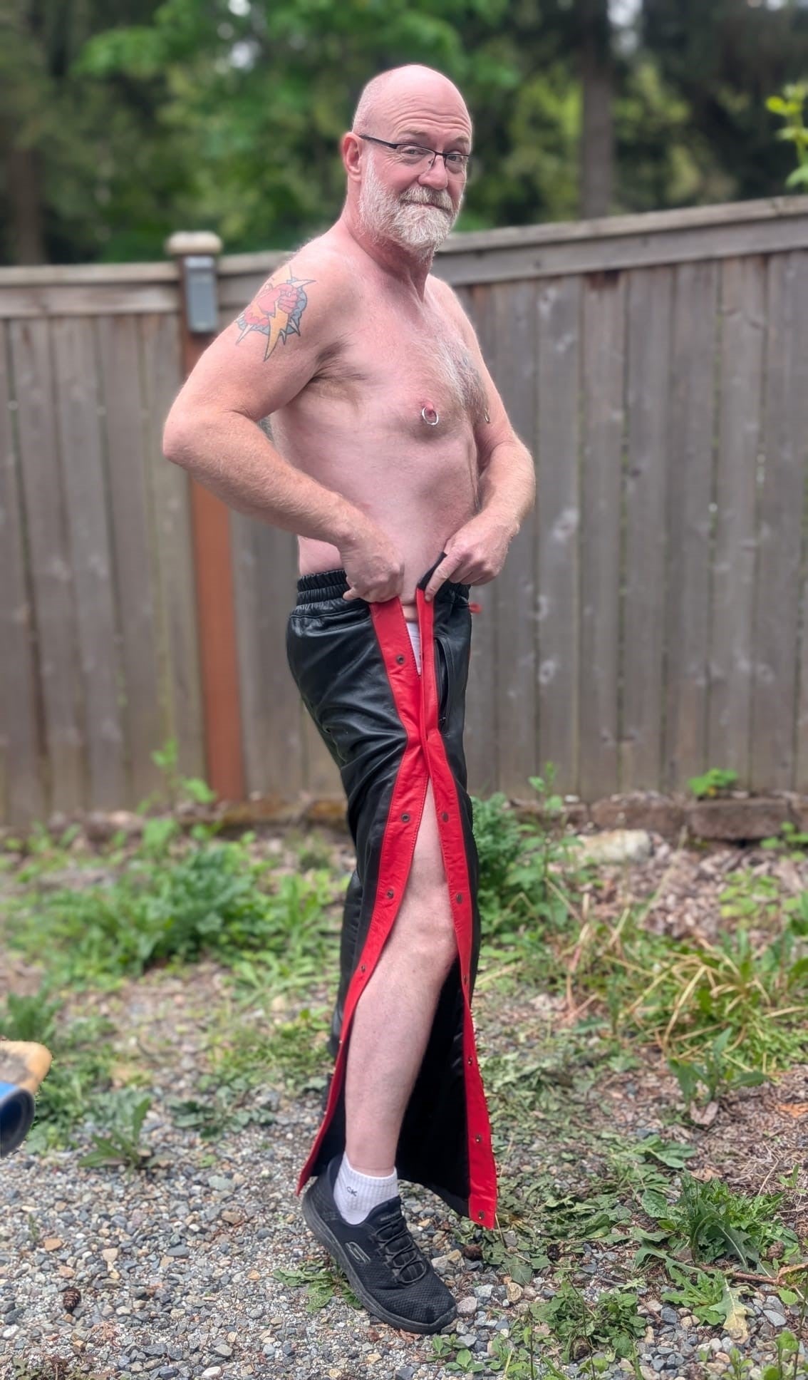 Black Leather Track Pants w/ Side-buttons & Red Lining