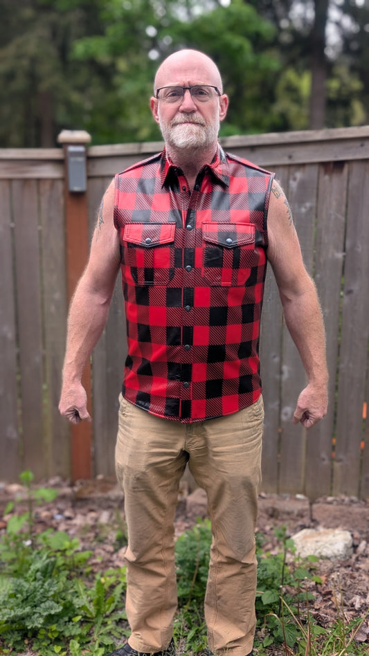 Sleeveless Plaid Leather Shirt