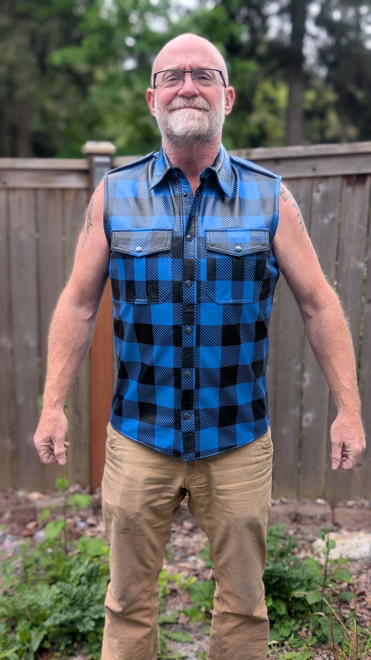 Sleeveless Plaid Leather Shirt