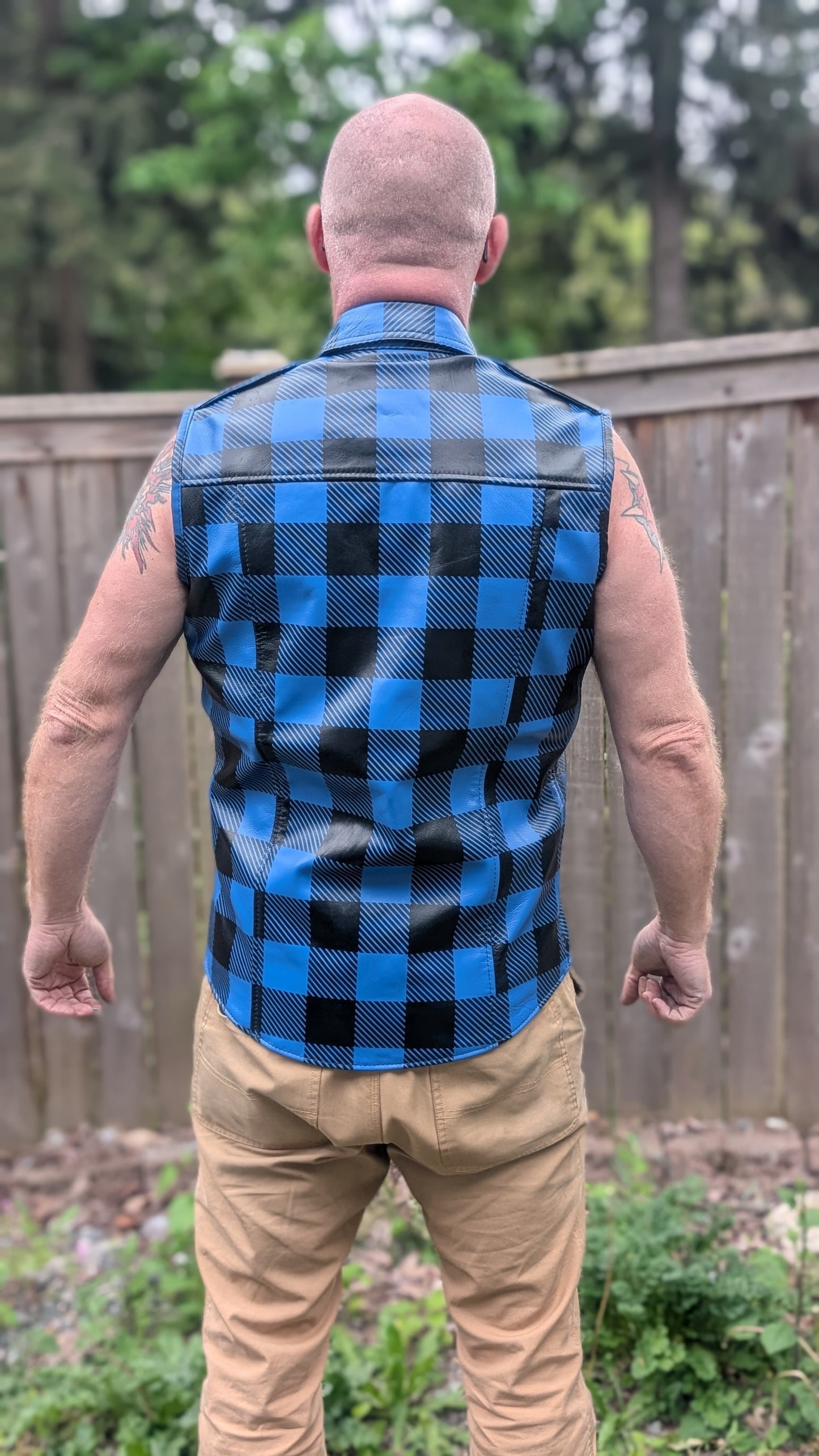 Sleeveless Plaid Leather Shirt