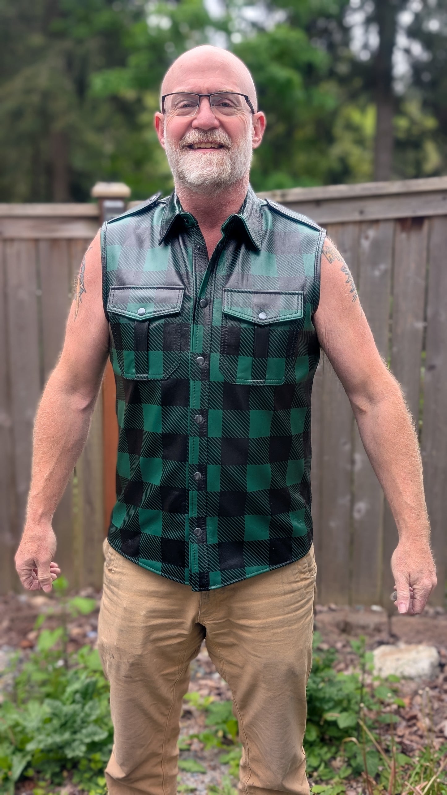 Sleeveless Plaid Leather Shirt