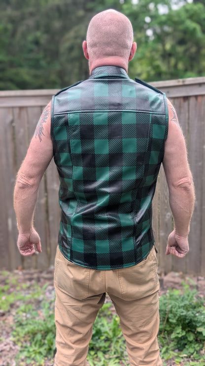 Sleeveless Plaid Leather Shirt