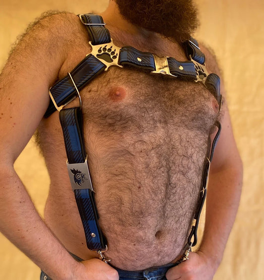 Bear Themed Deluxe Bulldog Harness feat. Blue Buffalo Plaid Leather