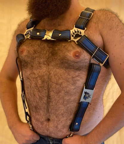 Bear Themed Deluxe Bulldog Harness feat. Blue Buffalo Plaid Leather