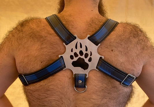 Bear Themed Deluxe Bulldog Harness feat. Blue Buffalo Plaid Leather